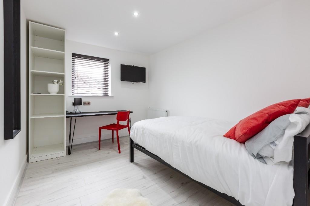 A bright, modern master bedroom with a comforta...