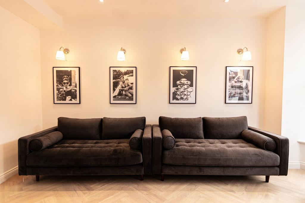 A stylish, contemporary living room featuring t...