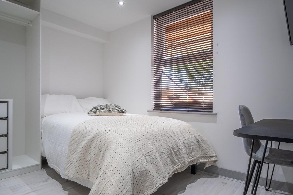 A cozy and bright bedroom featuring a comfortab...