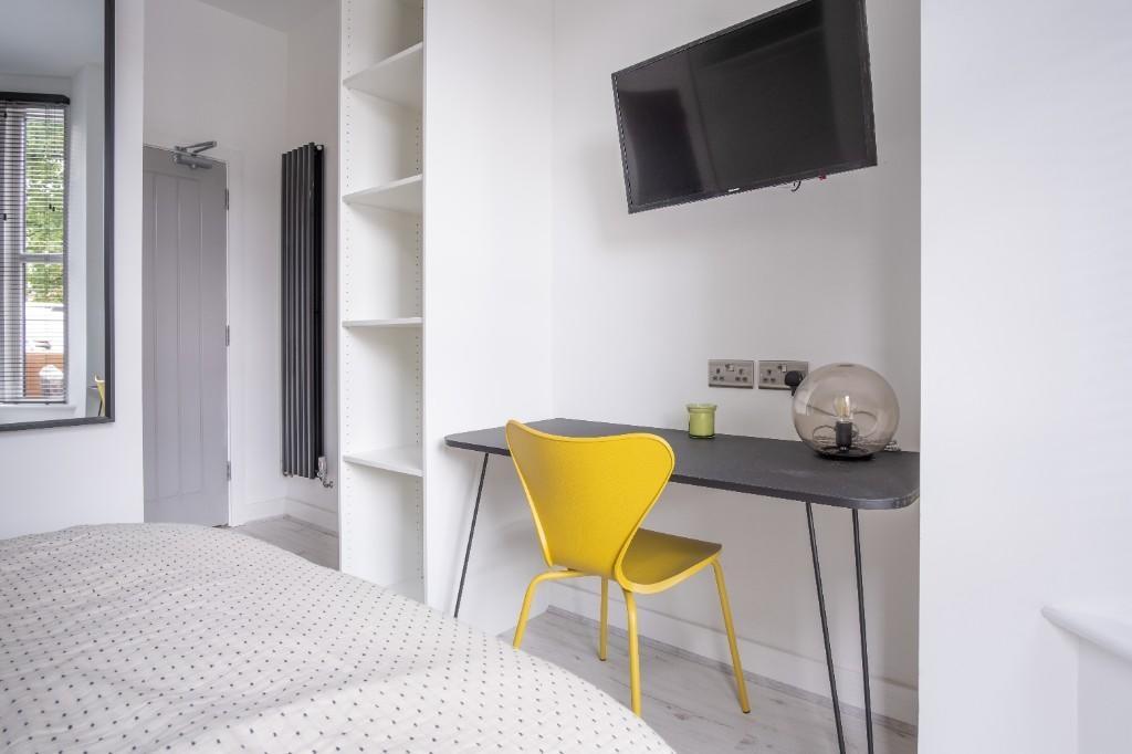 Bright and modern master bedroom featuring a co...