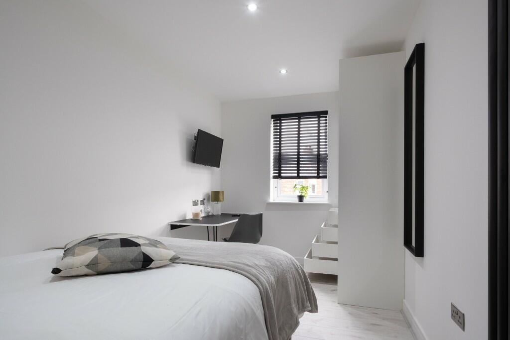 Bright and modern master bedroom featuring a co...