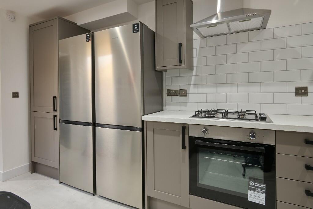 Modern and clean kitchen with sleek grey cabine...