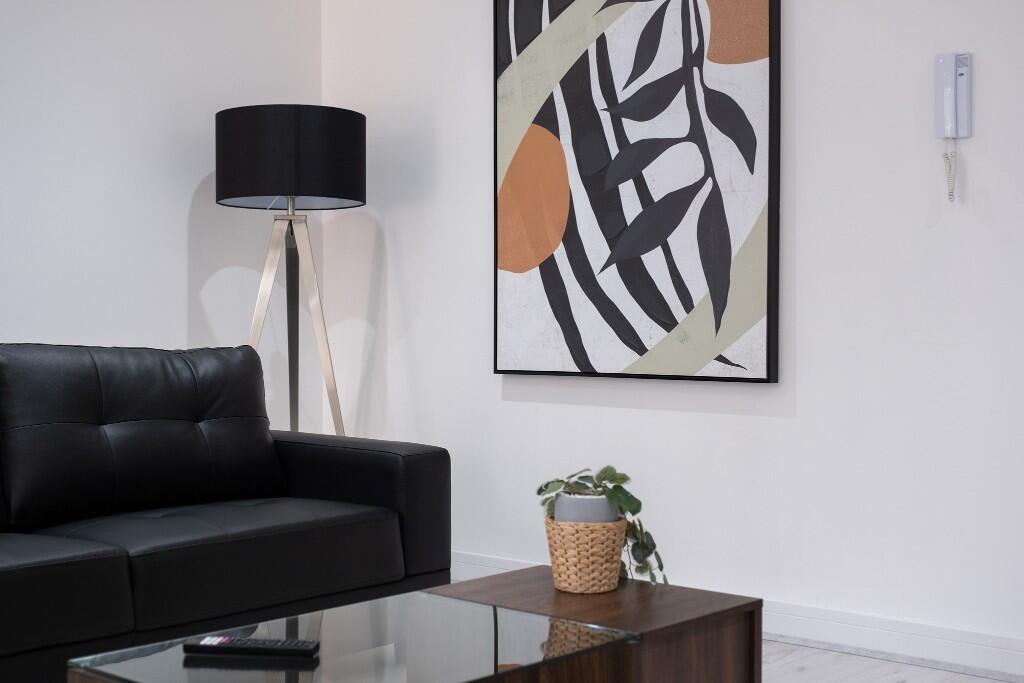 Modern and stylish living room featuring a blac...