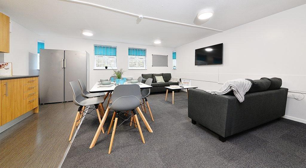 A modern, spacious living room featuring comfor...