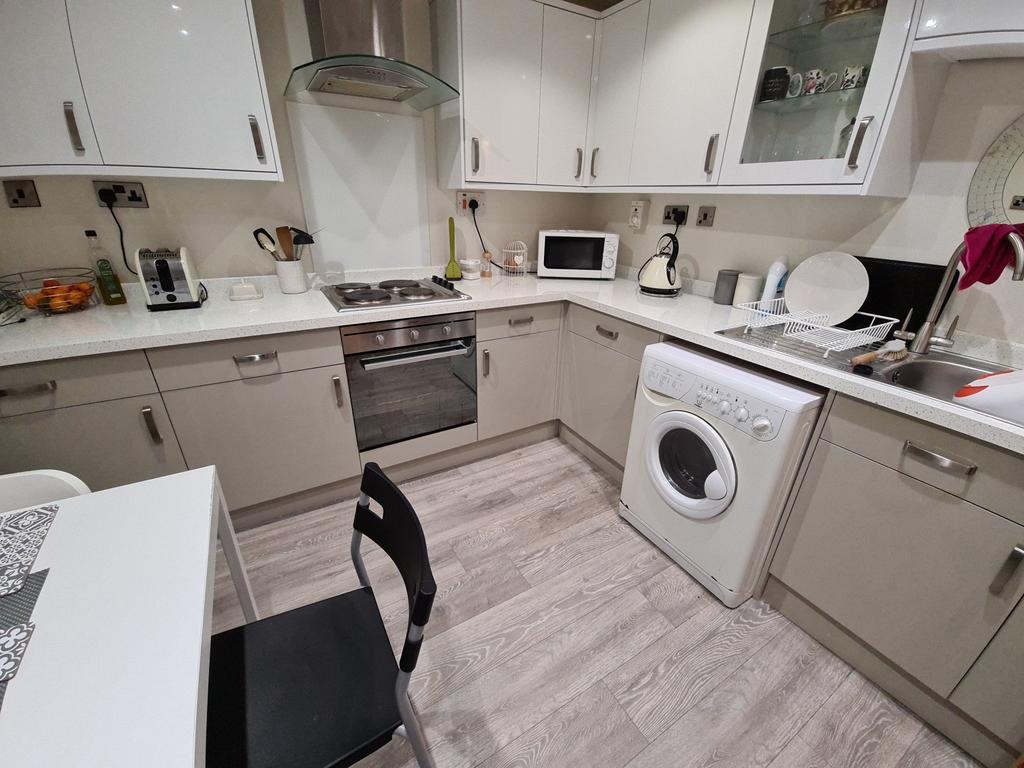 Modern, well-equipped kitchen with light cabine...