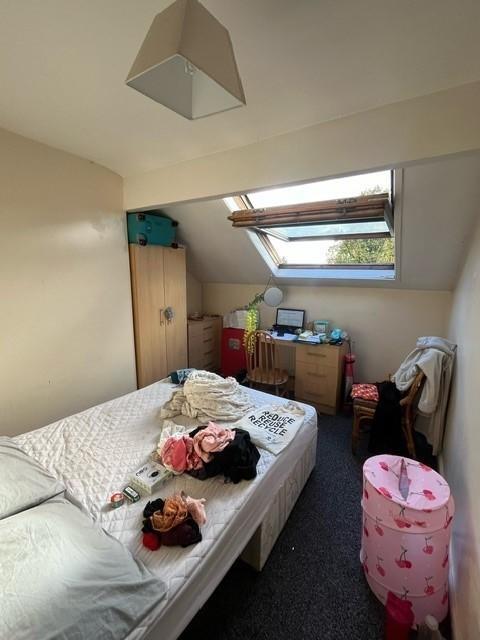 A cozy bedroom featuring a single bed with a fe...
