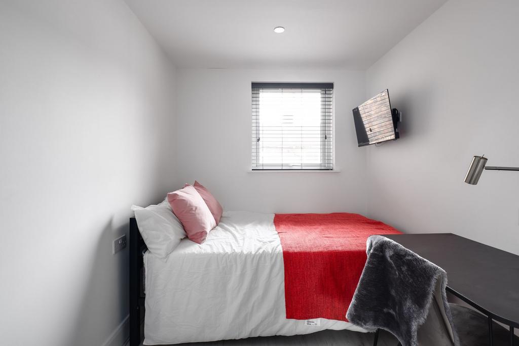 A well-lit, minimalist bedroom featuring a comf...
