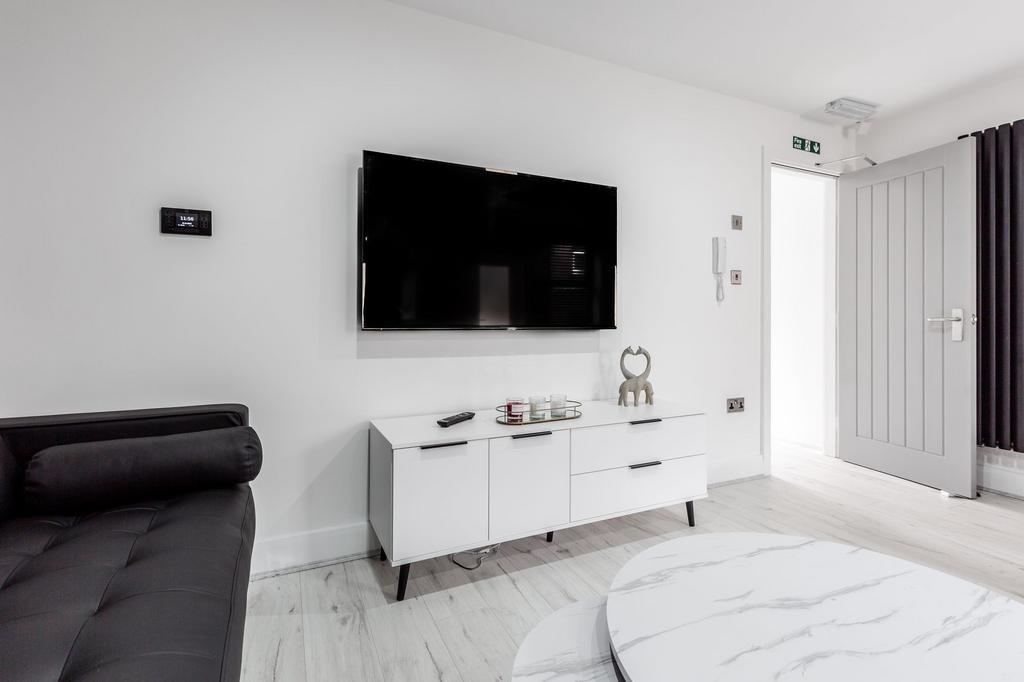 Modern and stylish living room featuring a larg...