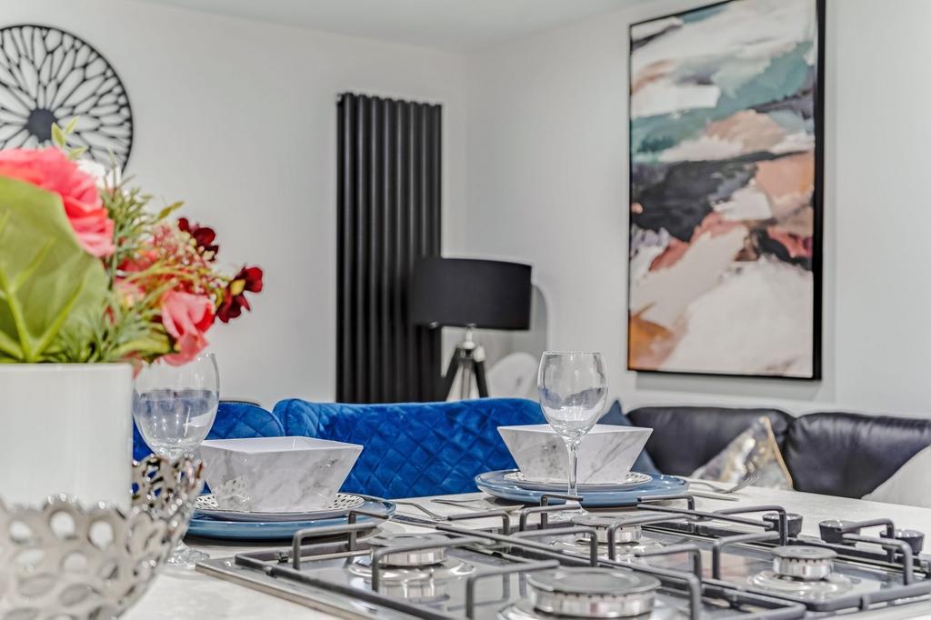 Modern and stylish kitchen featuring a clear vi...