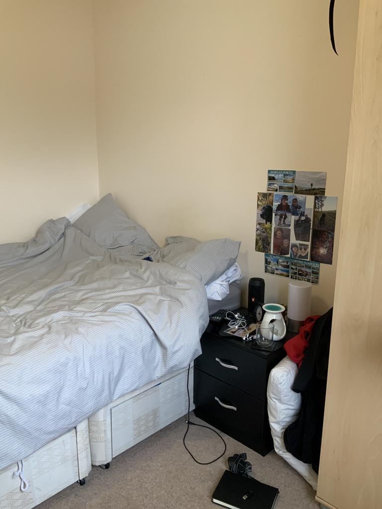 A spacious master bedroom featuring a double be...