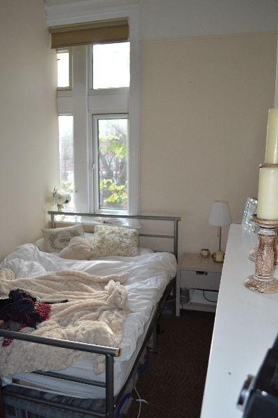 A cozy bedroom featuring a metal bed frame, a w...