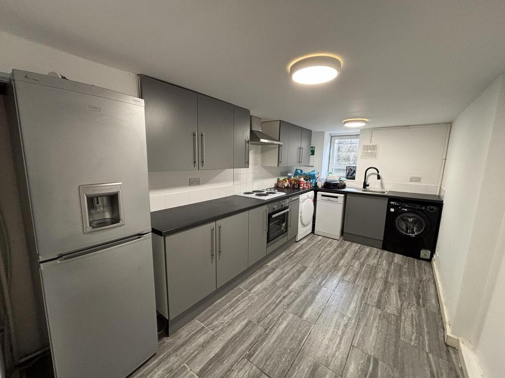 Modern galley-style kitchen with grey fitted un...
