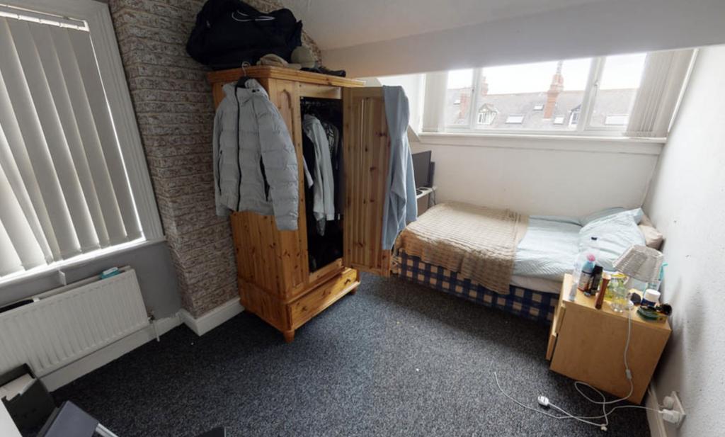 A well-lit bedroom featuring a single bed, a wo...