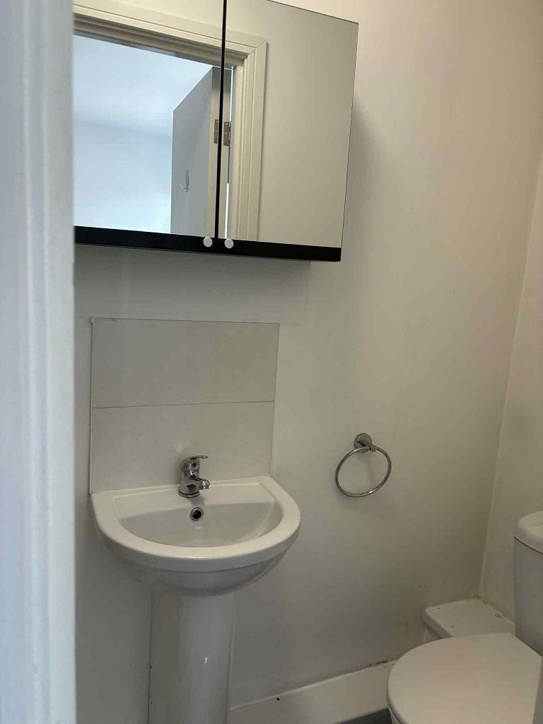Compact modern bathroom with a pedestal sink, m...