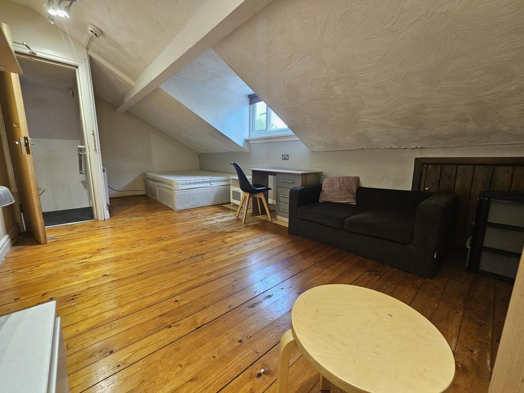 Bright attic-style living space with polished w...