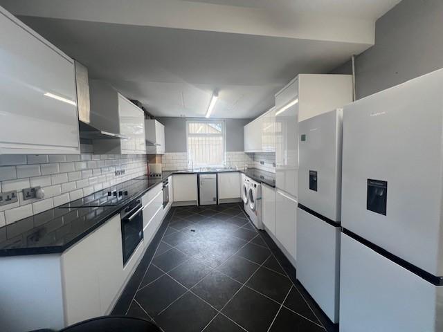 Bright modern kitchen with glossy white cabinet...