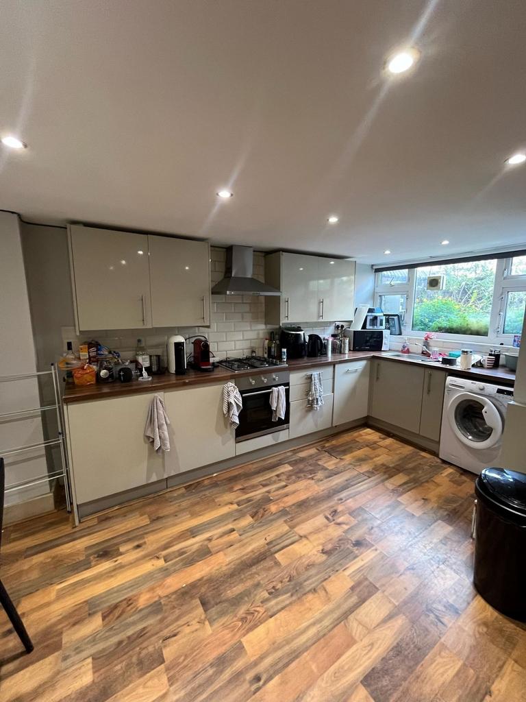 Modern galley-style kitchen with glossy fitted ...