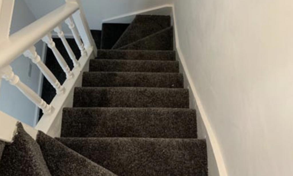 Carpeted internal staircase with white balustra...
