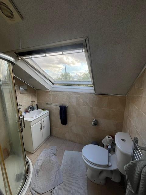 Bright upstairs bathroom with a large skylight ...