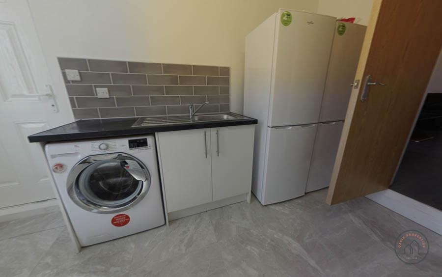 Compact kitchen area with integrated appliances...