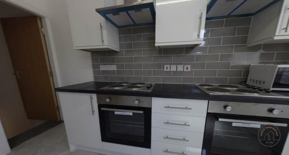 Modern fitted kitchen with matching dark counte...