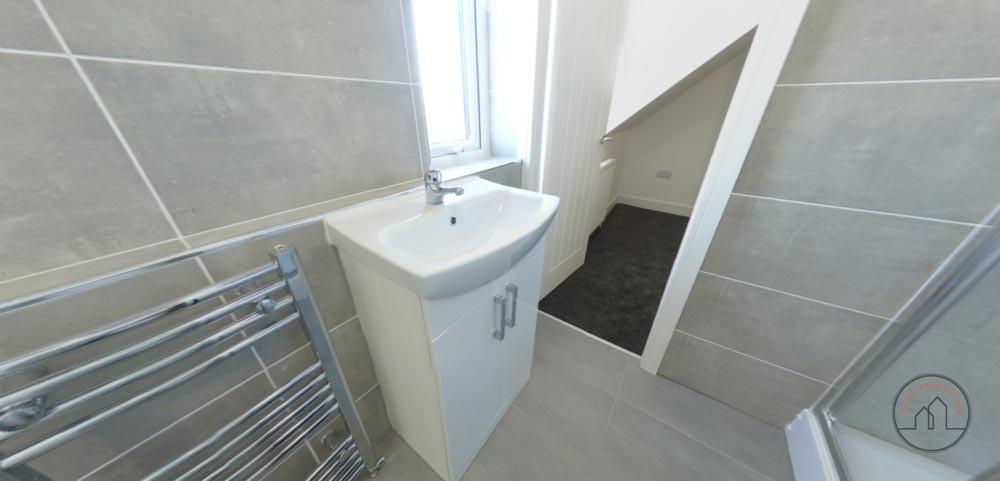 Bright, modern bathroom with a compact vanity u...