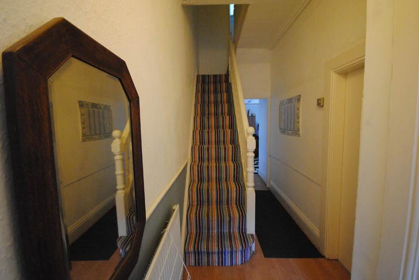 Bright hallway with a long carpeted runner, wal...