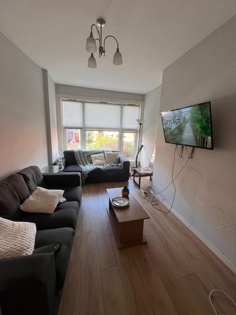 Bright, modern living room with two sofas, wall...