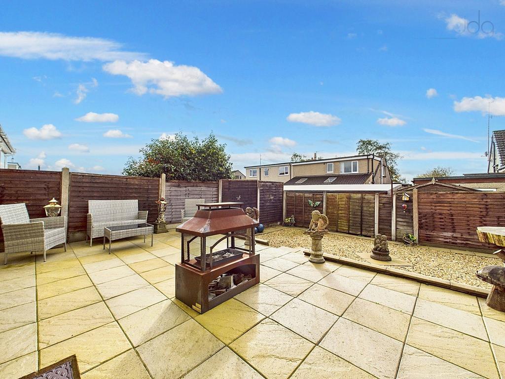 Garden featuring patio, gravel section, shed,...