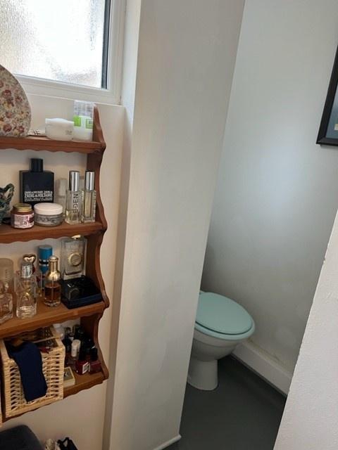 Compact WC with a pastel-coloured toilet seat a...