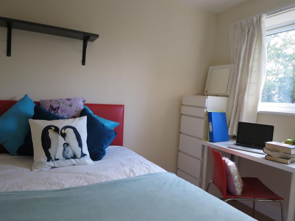 Bright, neatly styled bedroom with a made doubl...