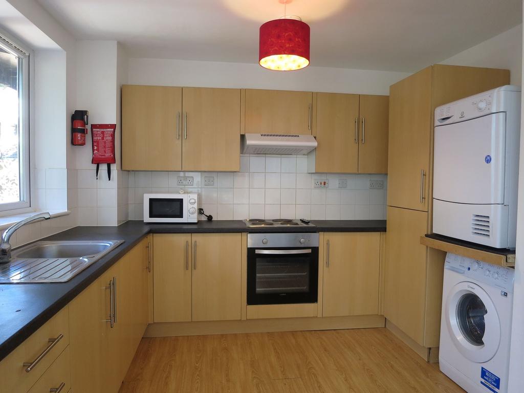 Bright, modern fitted kitchen with light wood c...