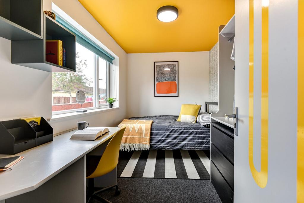 Bright, modern single bedroom with a striped be...