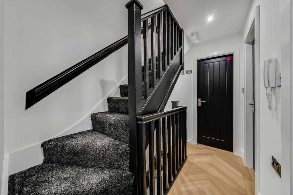 Bright modern hallway with a carpeted staircase...