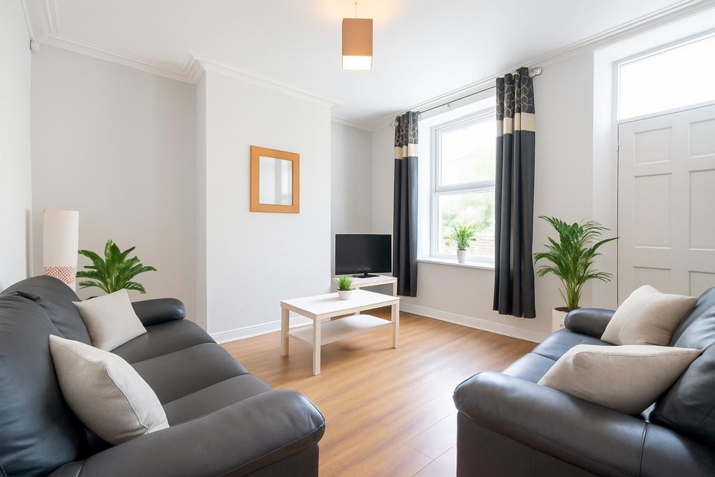 Bright and spacious living room with large wind...