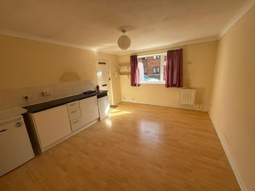 Living room view showing kitchenette and window