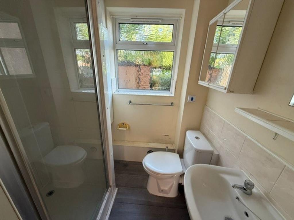 Bathroom with a shower sink and toilet with window