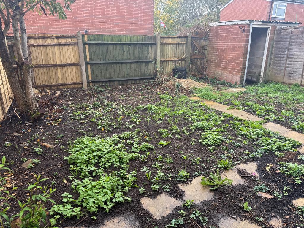 Fenced rear garden with brick store