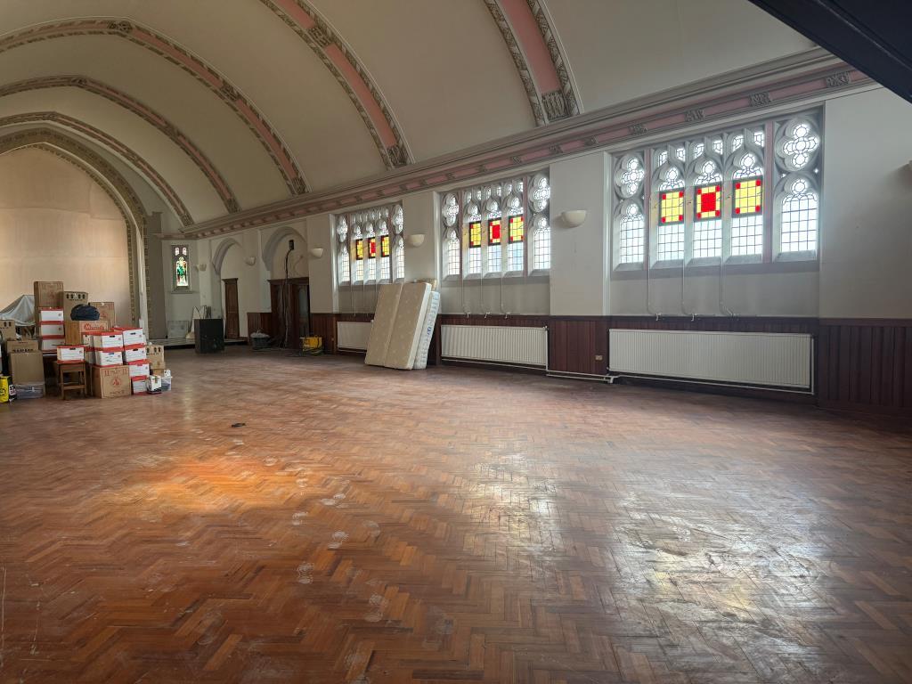 View of Church hall with stained glass windows