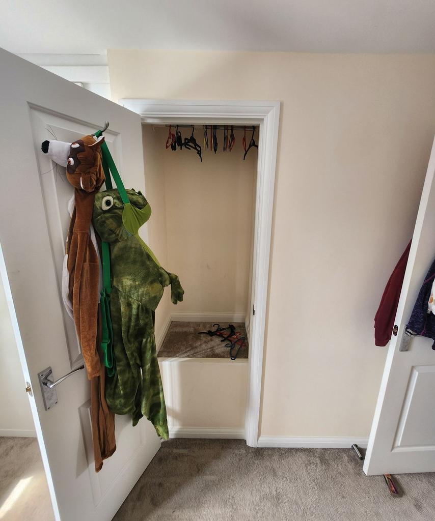 Small walk-in storage/wardrobe with a low step-...