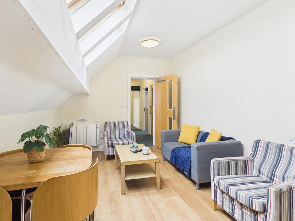 Bright, modern living space with skylights, lig...