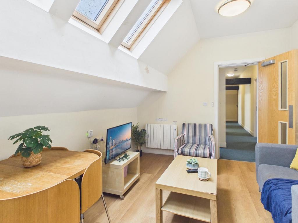 Bright, loft-style living room with skylights, ...