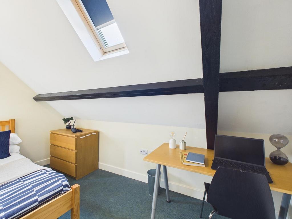 Bright single bedroom with a pitched skylight, ...