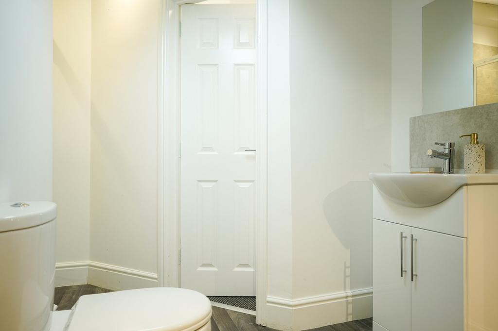 A modern and clean bathroom featuring stylish f...