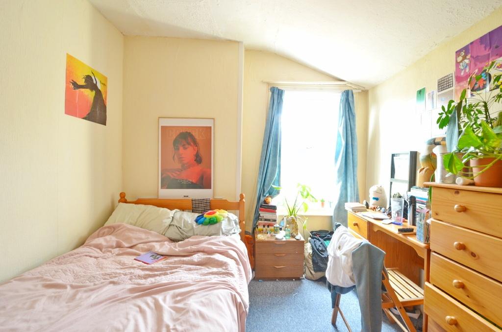 Bright, cozy bedroom with a single bed, bedside...