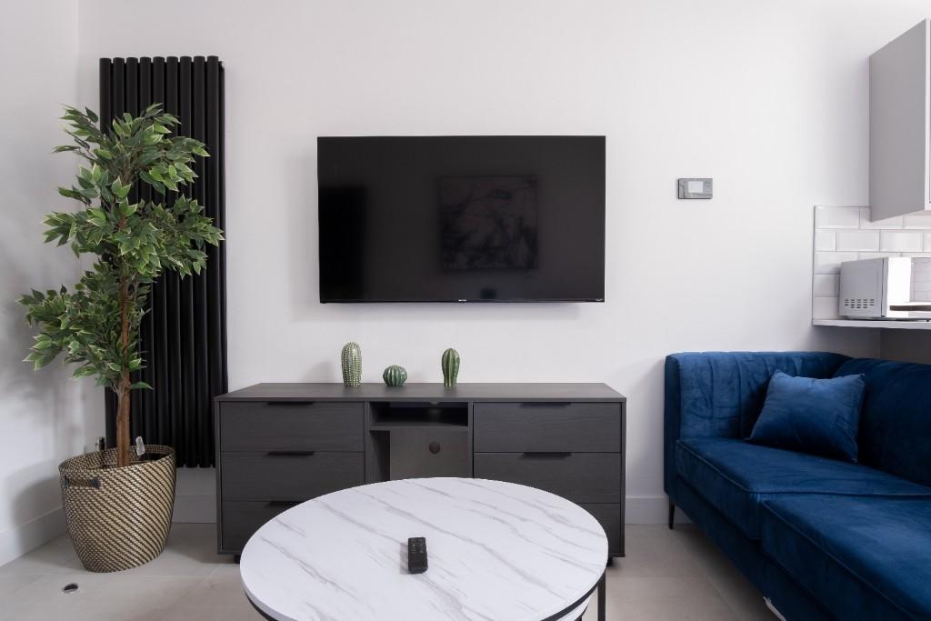 A modern living room featuring a sleek mounted ...