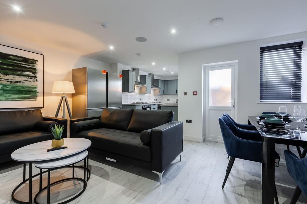 Modern and stylish living room with sleek black...