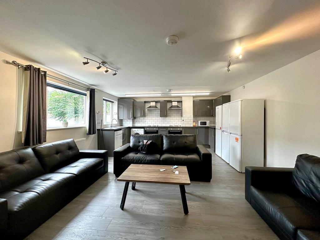 Spacious open-plan living area with modern grey...