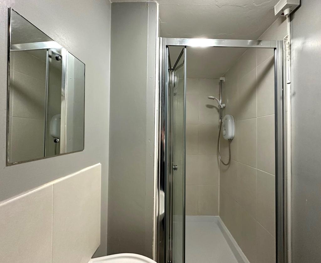 Compact modern bathroom with a tiled walk-in sh...