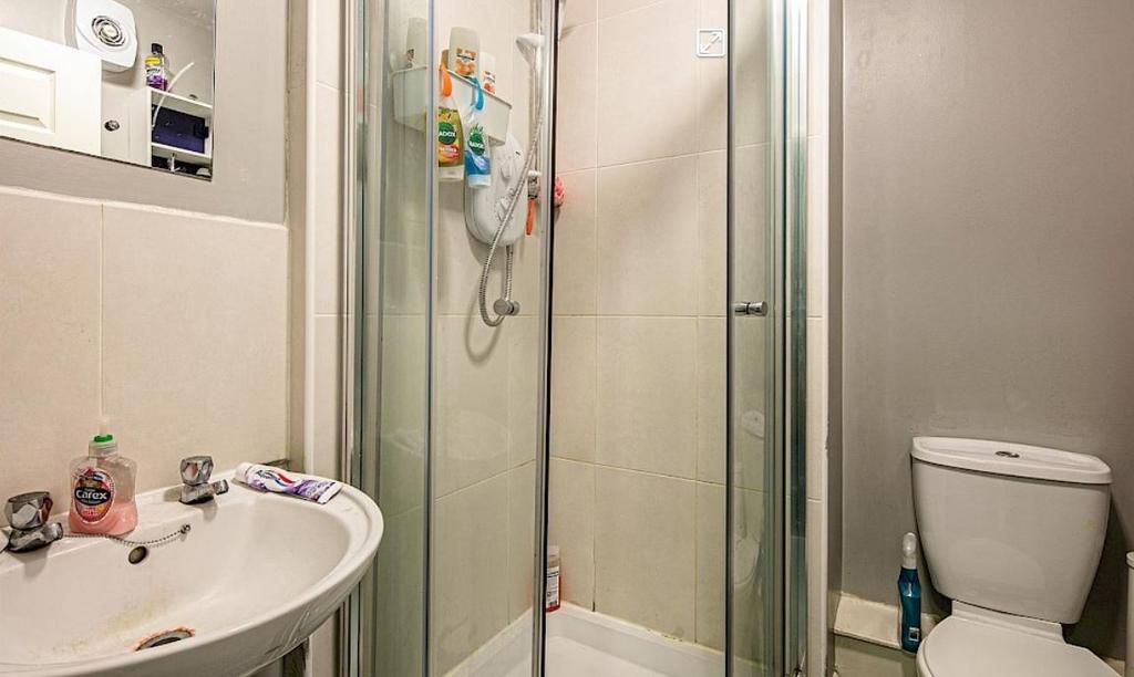 Compact bathroom with a corner shower cubicle, ...